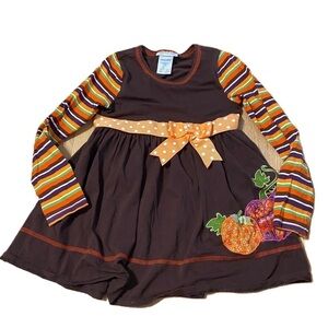 Bonnie Jean Fall Pumpkin Shirt Dress Sz 8 Thanksgiving Striped Sleeves Ribbon